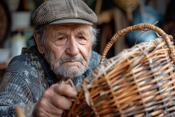 An elderly man with tireless eyes weaves a basket, showcasing skill and tradition - obrazy, fototapety, plakaty