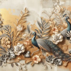 Abstract Textured Background with Vintage Floral, Peacocks, and Gold

