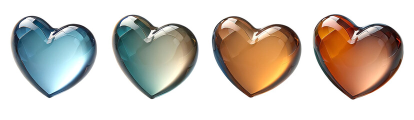 3d realistic glass heart icon set isolated on a transparent background.	