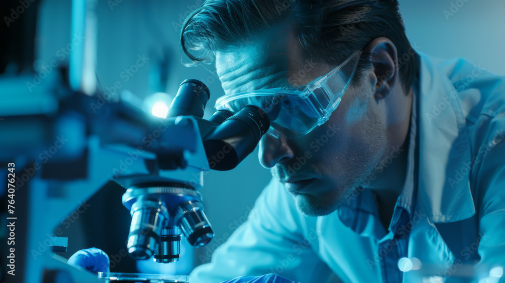 Poster a scientist peers through a microscope in a dimly lit lab.