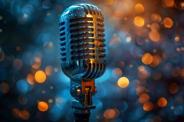 A classic vintage microphone glows against a backdrop of luminous bokeh, evoking the golden age of...