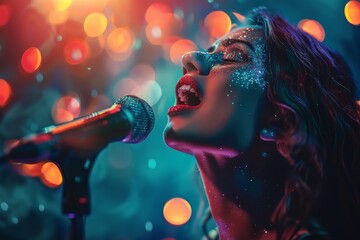 A lively scene of a music performance with a shining microphone and vibrant, bokeh background...