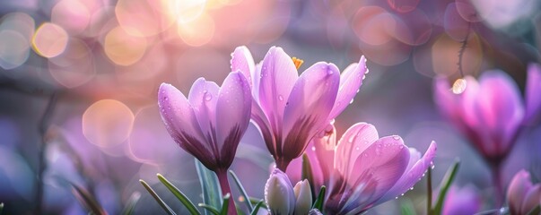 Close-up of purple crocuses with dew drops in morning light - obrazy, fototapety, plakaty