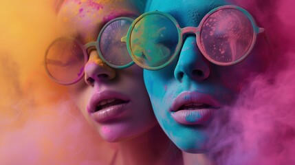 Dwie kobiety z okularami na twarzach podczas dna kolorów holi z kolorowym proszkiem - obrazy, fototapety, plakaty