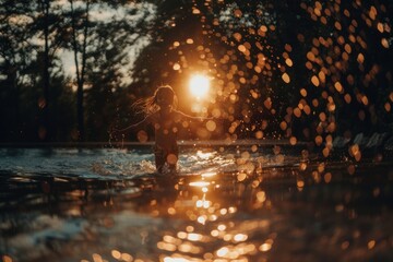 Boy splashing water in a pool at sunset. Summer, holidays, world children's day.