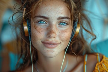 Relaxed woman with freckles smiling while listening to music with headphones