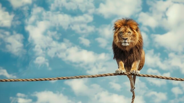 A lone lion balancing on a tightrope with a determined look in its eyes.