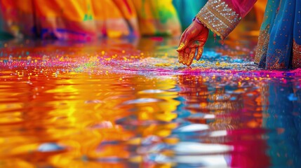 Kobieta w kolorowej sari trzyma reke nad woda