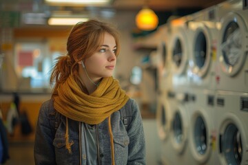 Woman with earphones contemplating among washing machines in laundromat