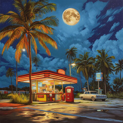 Fototapeta premium Vivid Neon Gas Station at Night