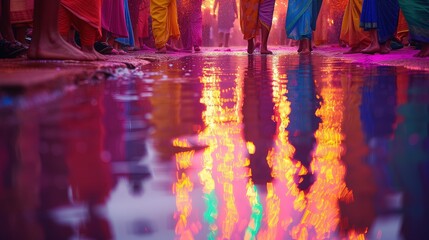 Ludzi z Indii stoją przed czystą wodą w dniu kolorów - obrazy, fototapety, plakaty