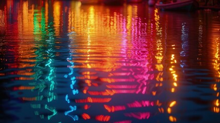 Pofalowana powierzchnia wody na której odbija się światło w kolorach tęczy - obrazy, fototapety, plakaty