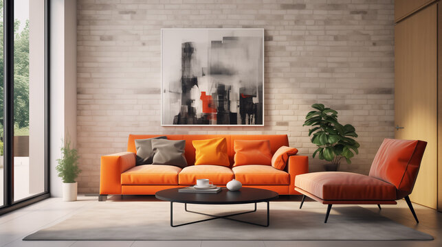 Bright living room interior with orange sofa, coffee table, armchair, plants, and abstract painting on brick wall in the background.
