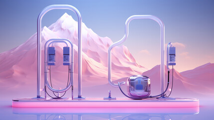 A futuristic cityscape with pink mountains and a pink sky. The city is made of glass and metal