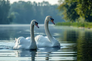 Gordijnen Two elegant swans glide over calm waters with reflections, showcasing grace and beauty in nature © svastix