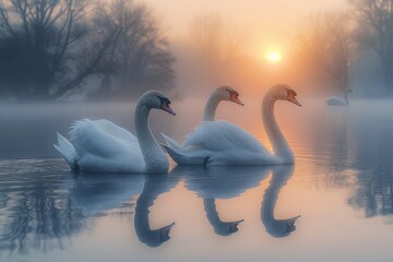 Serene swans bask in the golden sunrise amidst a mystical, foggy lake setting