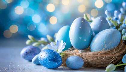 Fototapeta na wymiar Happy Easter composition, close-up of eggs and spring flowers. Holiday banner. Blue background