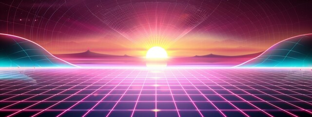 Futuristic retro landscape. Digital cyber surface with neon light grid. Sunset in cyber world. 80's and 90's retrowave, synthwave, vaporwave style. Design for poster, flyer, banner with copy space - obrazy, fototapety, plakaty