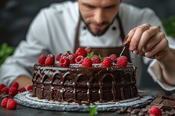 Chef in a white coat meticulously adds fresh raspberries as a final touch to a luxurious chocolate cake