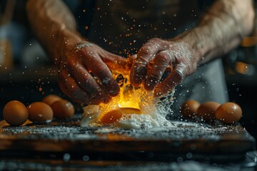 A burst of flame ignites as a chef in action claps hands with flour, showcasing the dynamic nature of cooking