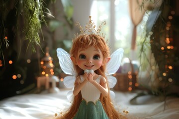 Adorable magical cartoon tooth fairy with wings on her back and a crown on her head happily holds a tooth of child in her hands