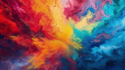 Tapeta przedstawia wirujące w powietrzu kolorowe proszki. Tło wykonane olejnymi farbami prezentuje intensywną paletę barw.