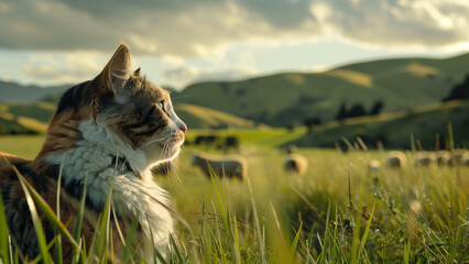 Countryside Companions: A Cat, Cattle, and Sheep in a Grassland Setting