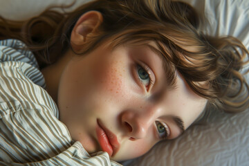 Sad young woman lying on bed, closeup. Unhappy beautiful woman.
