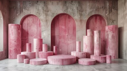 Pink abstract geometric shapes installation in a concrete room