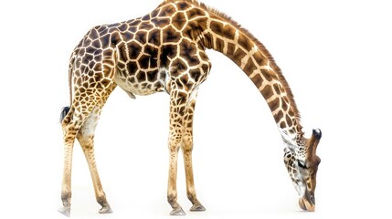 A graceful giraffe bending down to meet the eye of the viewer, gentle and serene against a pure white background. - obrazy, fototapety, plakaty