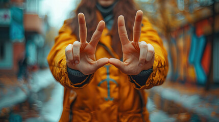 girl in a yellow jacket on the street makes a peace sign with her hands, Conscientious Objector Day - obrazy, fototapety, plakaty