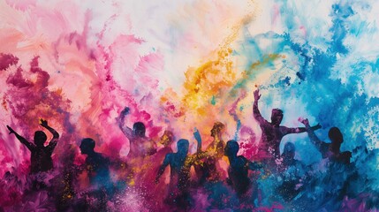 Grupa dobrze bawiących sie sylwetek ludzi stoi przed kolorowym dymem, przypominającym święto kolorów Holi. W tle widać tancerzy poruszających się do rytmu muzyki. - obrazy, fototapety, plakaty