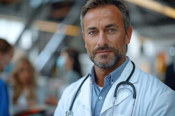 A mature, confident male doctor with a stethoscope standing in a medical facility - obrazy, fototapety, plakaty