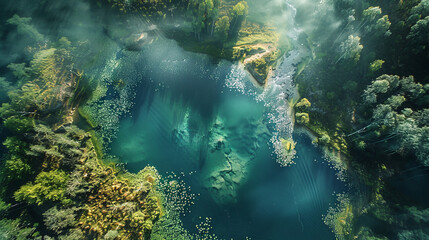 Fototapeta na wymiar The drone captures the lush greenery of a dense forest and the crystal-clear waters of a secluded lake