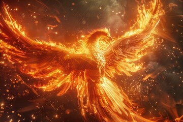 A fiery phoenix rising from the ashes in a mythical gaming world, spreading its wings and unleashing powerful attacks. - obrazy, fototapety, plakaty