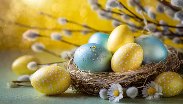 Happy Easter composition, close-up of colorful eggs and spring flowers. Holiday banner. Yellow background