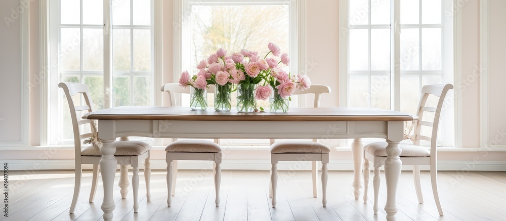 Poster A detailed view of a table with multiple chairs surrounding it and a decorative vase filled with colorful flowers on top