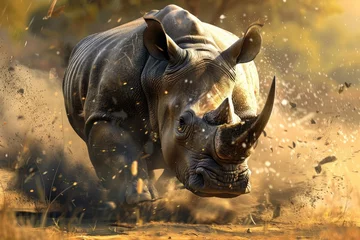 Gordijnen A determined rhinoceros charging forward with unstoppable force, breaking through barriers and obstacles in a thrilling action-packed game. © Rustam