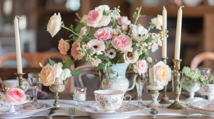 A centerpiece incorporating cherished family heirlooms like antique teacups or candlesticks, adding a sentimental touch - obrazy, fototapety, plakaty