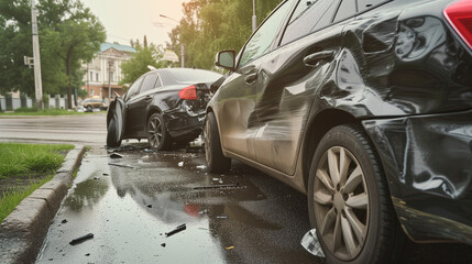 Accident between two cars. Cars stand next to each other, side view. Bumpers damaged