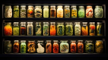 A collection of pickled vegetables in jars on illuminated shelves. Various pickles, stocked up for future use - obrazy, fototapety, plakaty