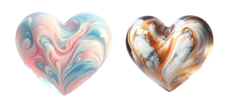 3d realistic abstract wave-patterned glass heart icon set isolated on a transparent background.