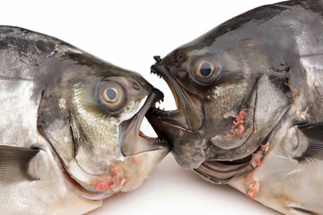 Two fish in a face-off with mouths agape