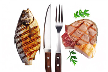 A fork is placed between a fish and a steak.