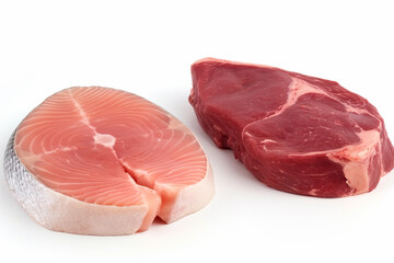 A piece of salmon and a piece of beef are shown on a white background