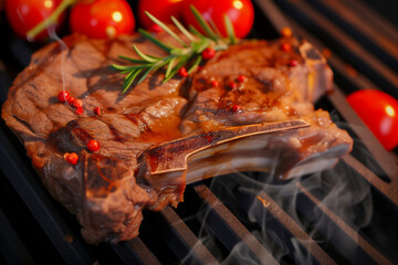 A t-bone steak is cooking on a grill with tomatoes and herbs as garnish