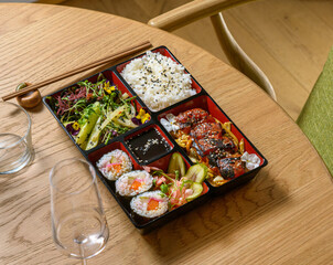 Japanese food bento box,  in a minimalist style. 