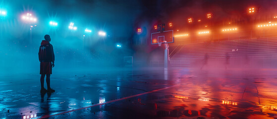 Basketball robot, precision passes, illuminated court, twilight game