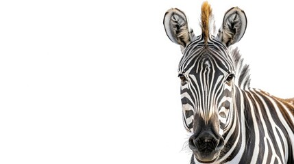 A curious zebra with striking stripes, its gaze capturing attention effortlessly against a pure white background.