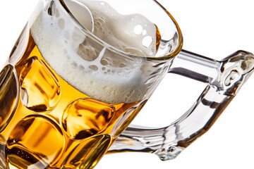 A close-up of a glass mug filled with beer, with a white background.
